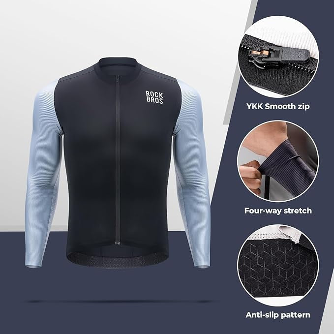 ROCKBROS Lange mouw Wielrenshirt Heren Wielrenshirt Ademend Sneldrogend Wielrenkleding Rits met 3 zakken T-shirt voor Heren Racefiets Europese Maat