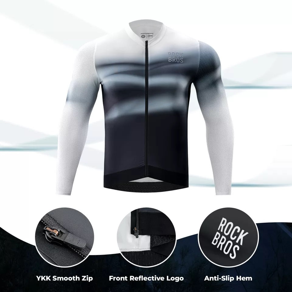 ROCKBROS herenfietsshirt, wielertrui met lange mouwen, fietsshirt voor fietsen, wielrennen, MTB, racefiets, fietskleding, ademend, sneldrogend