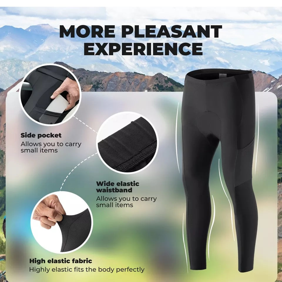 ROCKBROS herenfietsbroek, lange compressiefietsbroek met zakken, gewatteerde legging, elastische, ademende fietsbroek met zitkussen voor herfst/lente
