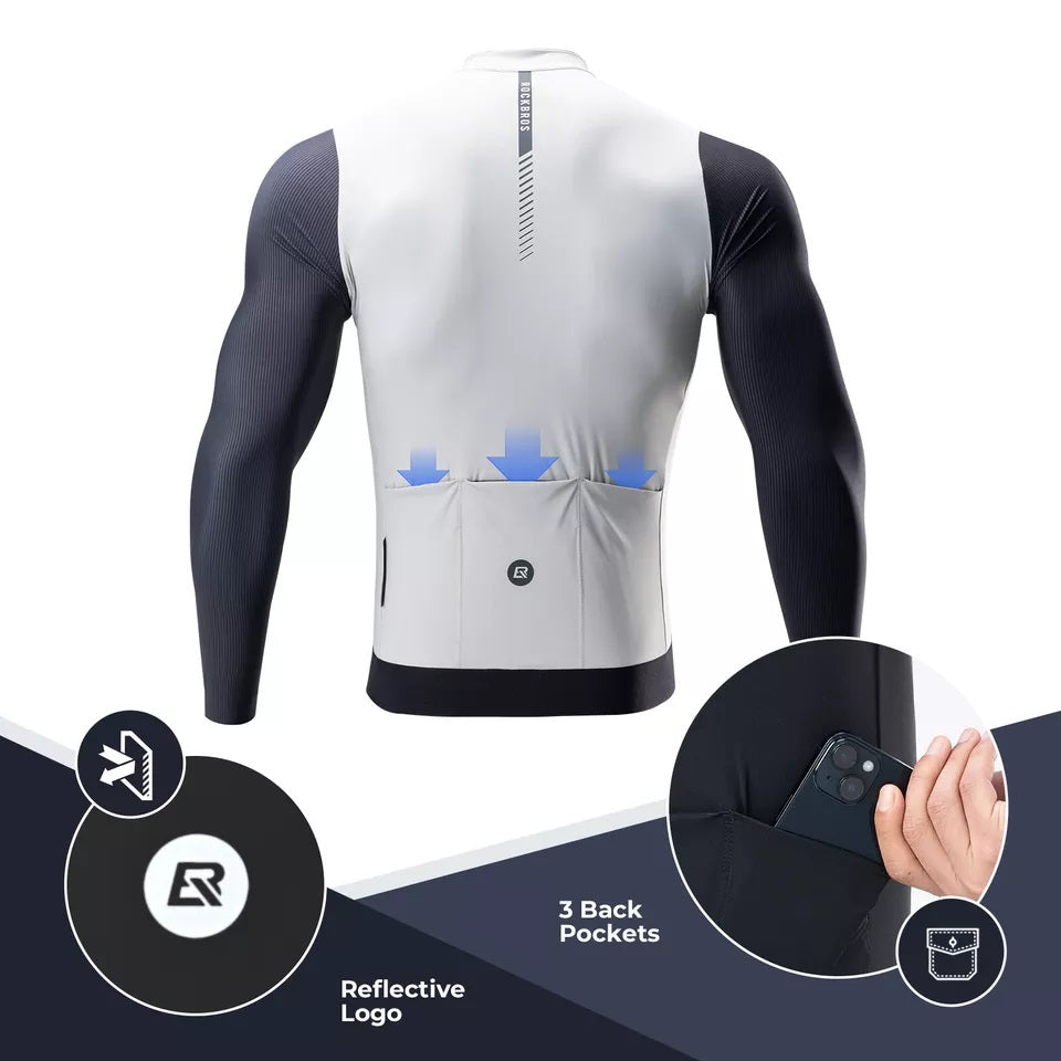 ROCKBROS Lange mouw Wielrenshirt Heren Wielrenshirt Ademend Sneldrogend Wielrenkleding Rits met 3 zakken T-shirt voor Heren Racefiets Europese Maat