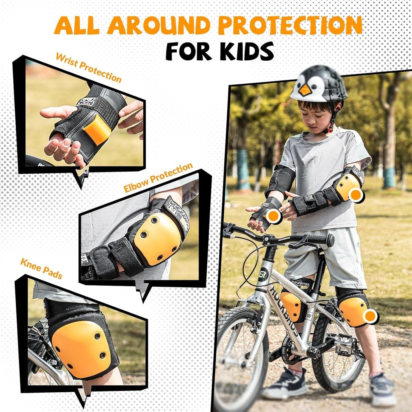 ROCKBROS kniebeschermers kinder 6 in 1 set skatebeschermers inline kniebeschermers polsbeschermers en elleboogbeschermers fiets skateboard sport voor meisjes en jongens