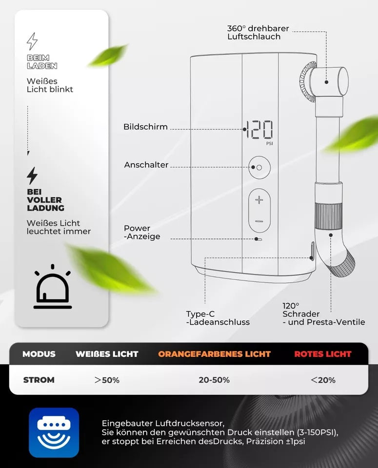 ROCKBROS Fietspomp Draagbare pomp Elektrische luchtpomp 5000mAh 150PSI 380g