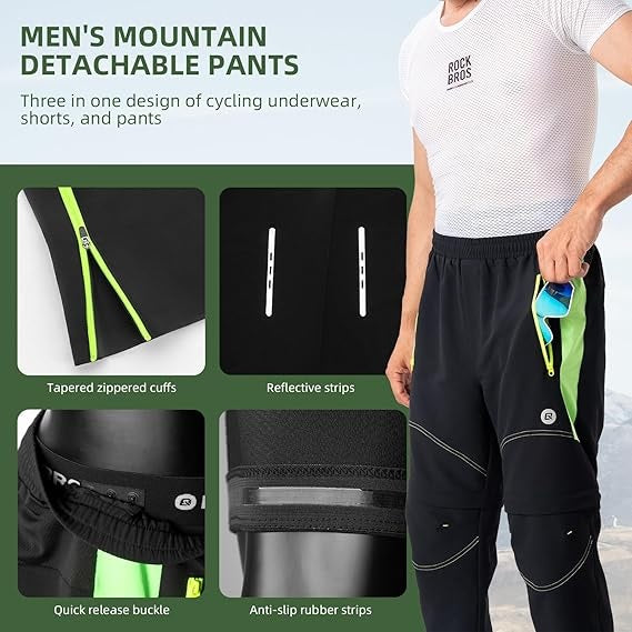 ROCKBROS fietsbroek, dubbellaags, uitneembare sportbroek, lange fietsbroek met zitkussen, gewatteerde fietsbroek, heren, ademende MTB-racefiets