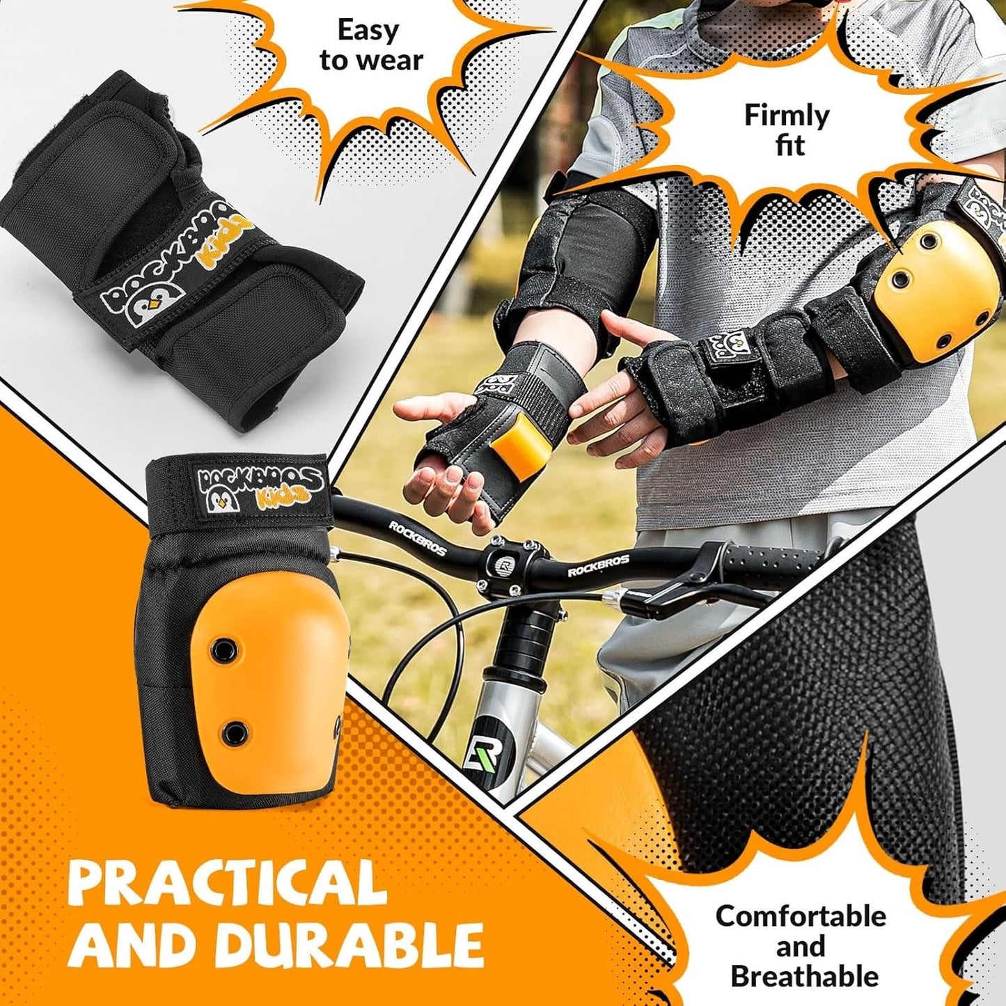 ROCKBROS kniebeschermers kinder 6 in 1 set skatebeschermers inline kniebeschermers polsbeschermers en elleboogbeschermers fiets skateboard sport voor meisjes en jongens
