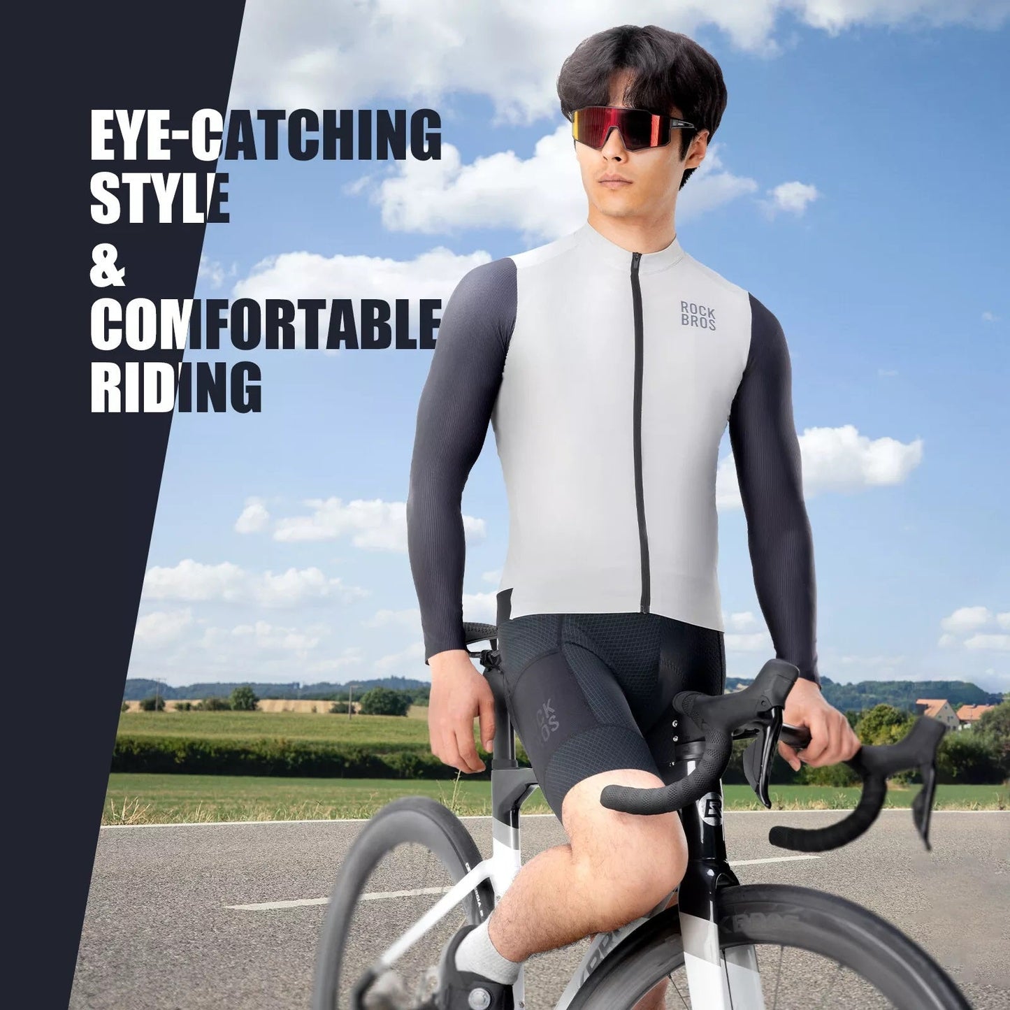 ROCKBROS Lange mouw Wielrenshirt Heren Wielrenshirt Ademend Sneldrogend Wielrenkleding Rits met 3 zakken T-shirt voor Heren Racefiets Europese Maat