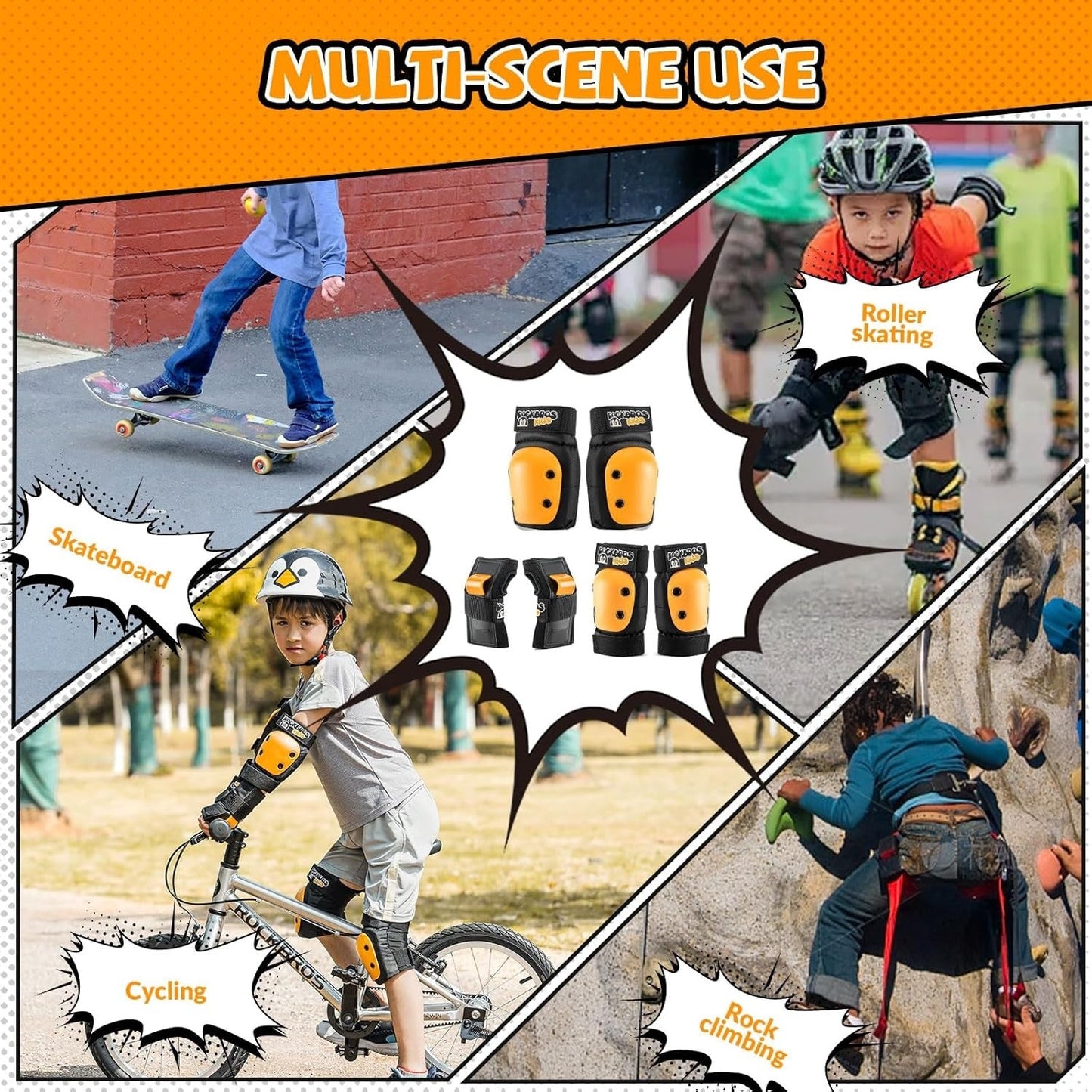 ROCKBROS kniebeschermers kinder 6 in 1 set skatebeschermers inline kniebeschermers polsbeschermers en elleboogbeschermers fiets skateboard sport voor meisjes en jongens