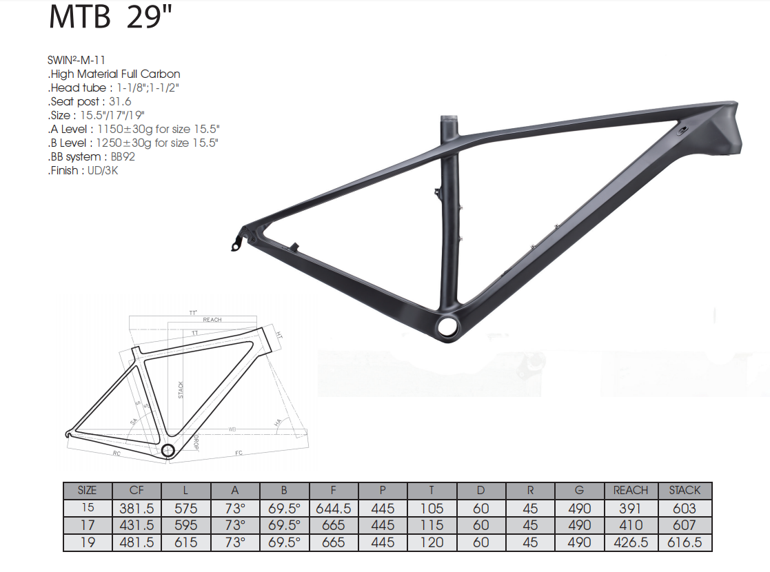 RINOS T800 carbon fietsframe voor MTB hardtail lichtgewicht