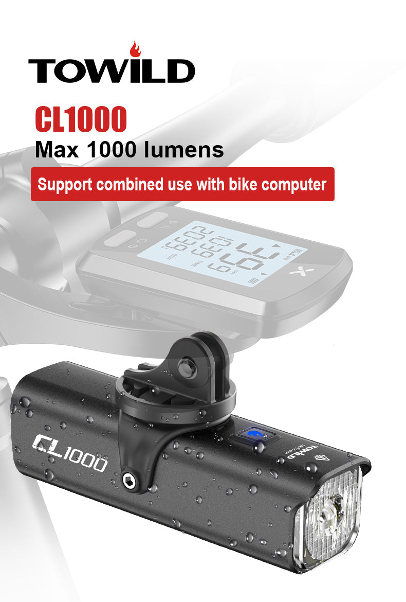 TOWILD CL1000 Fietslicht voor nachtrijden Compatibel met Garmin/GoPro Mount 1000 Lumen Heldere fietskoplamp 4000mAh Batterij Waterdicht Fietslicht voor pendelaars