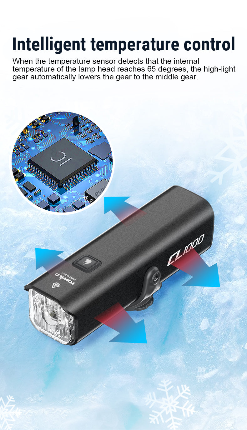 TOWILD CL1000 Fietslicht voor nachtrijden Compatibel met Garmin/GoPro Mount 1000 Lumen Heldere fietskoplamp 4000mAh Batterij Waterdicht Fietslicht voor pendelaars