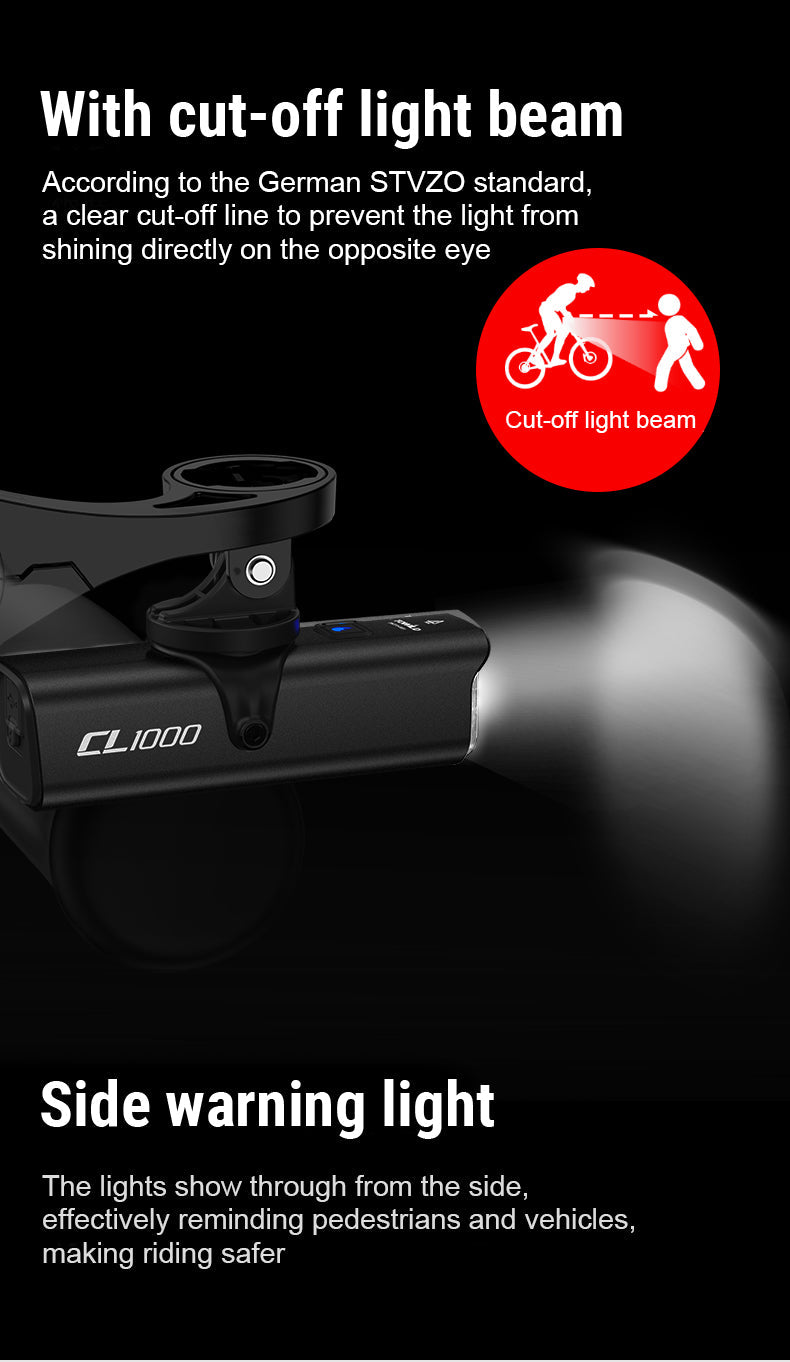 TOWILD CL1000 Fietslicht voor nachtrijden Compatibel met Garmin/GoPro Mount 1000 Lumen Heldere fietskoplamp 4000mAh Batterij Waterdicht Fietslicht voor pendelaars