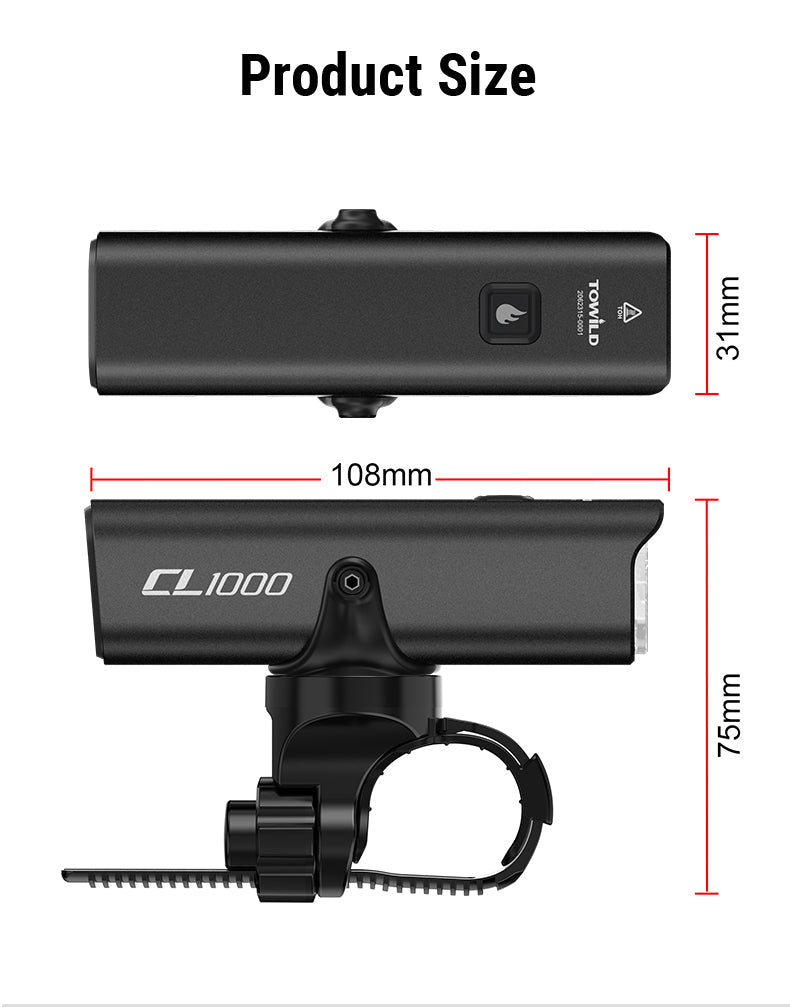 TOWILD CL1000 Fietslicht voor nachtrijden Compatibel met Garmin/GoPro Mount 1000 Lumen Heldere fietskoplamp 4000mAh Batterij Waterdicht Fietslicht voor pendelaars
