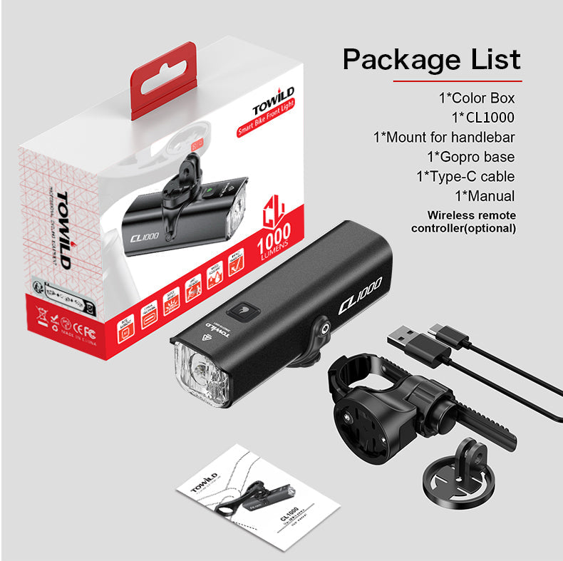 TOWILD CL1000 Fietslicht voor nachtrijden Compatibel met Garmin/GoPro Mount 1000 Lumen Heldere fietskoplamp 4000mAh Batterij Waterdicht Fietslicht voor pendelaars