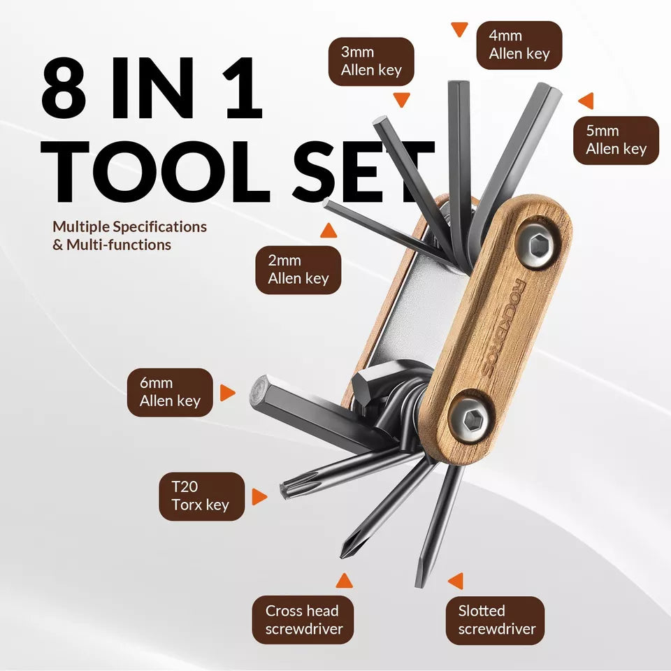 ROCKBROS Fietsreparatietool 8 in 1 roestvrijstalen houten multitool