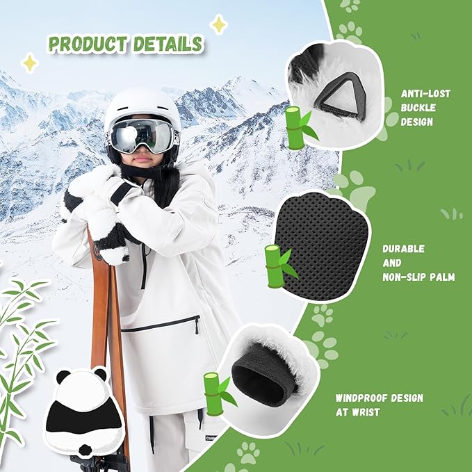 Qunature Skihandschoenen Panda Design Handschoenen voor kinderen van 4-12 jaar Warme thermische winddichte fleecehandschoenen Ideaal voor winteractiviteiten zoals skiën, snowboarden, schaatsen