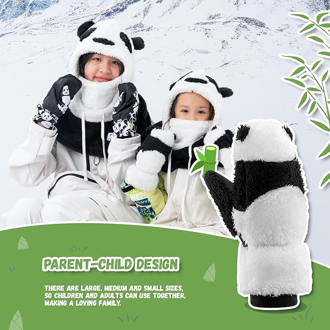 Qunature Skihandschoenen Panda Design Handschoenen voor kinderen van 4-12 jaar Warme thermische winddichte fleecehandschoenen Ideaal voor winteractiviteiten zoals skiën, snowboarden, schaatsen