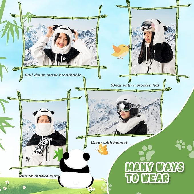 Qunature winterbivakmuts skimasker voor kinderen en ouders panda design volgelaatsmaskers bivakmuts voor herfst- en winteroutdooractiviteiten zoals skiën motorrijden fietsen
