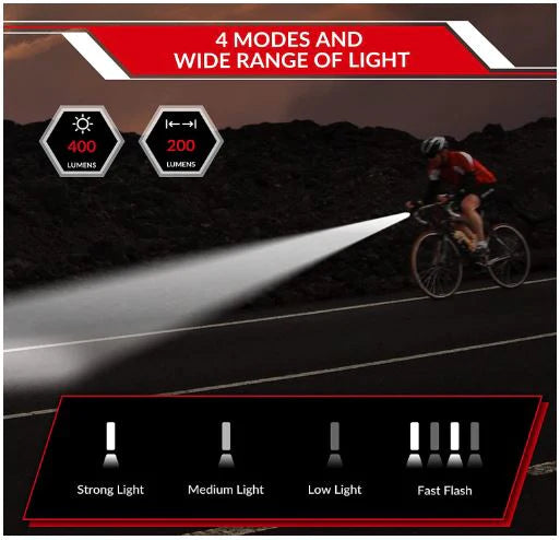 ROCKBROS Bike LED Front Light USB Rechargeable, 400 Lumen Waterproof IPX6 Light met 4 vaste en knipperende modi voor mountainbike en racefiets.
