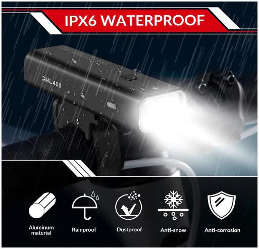 ROCKBROS Bike LED Front Light USB Rechargeable, 400 Lumen Waterproof IPX6 Light met 4 vaste en knipperende modi voor mountainbike en racefiets.