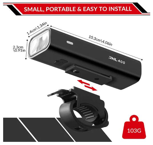 ROCKBROS Bike LED Front Light USB Rechargeable, 400 Lumen Waterproof IPX6 Light met 4 vaste en knipperende modi voor mountainbike en racefiets.