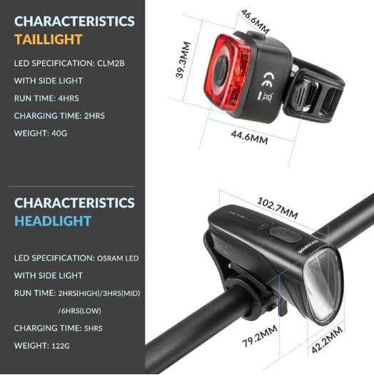 ROCKBROS Fietslichtset 200M Verlichting StVZO Achterlicht LED IPX5 Fietslicht