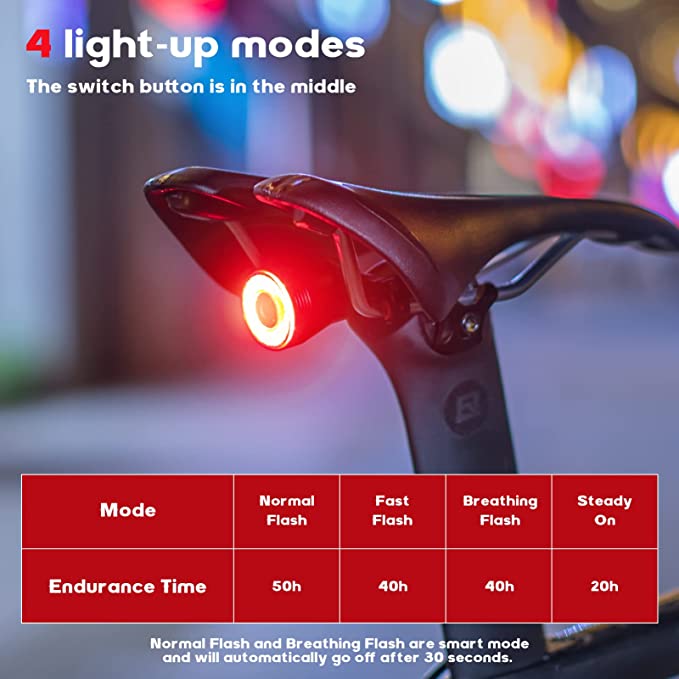 ROCKBROS Intelligent Oplaadbaar Fietsachterlicht 60 Lumen 4 Modi IP65 Waterdicht met Automatische Inschakeling