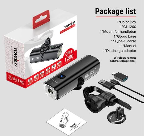 TOWILD CL1200 Garmin/GoPro Mount Compatibel 1200 4000mAh Batterij Waterdicht Fietslicht voor forensen