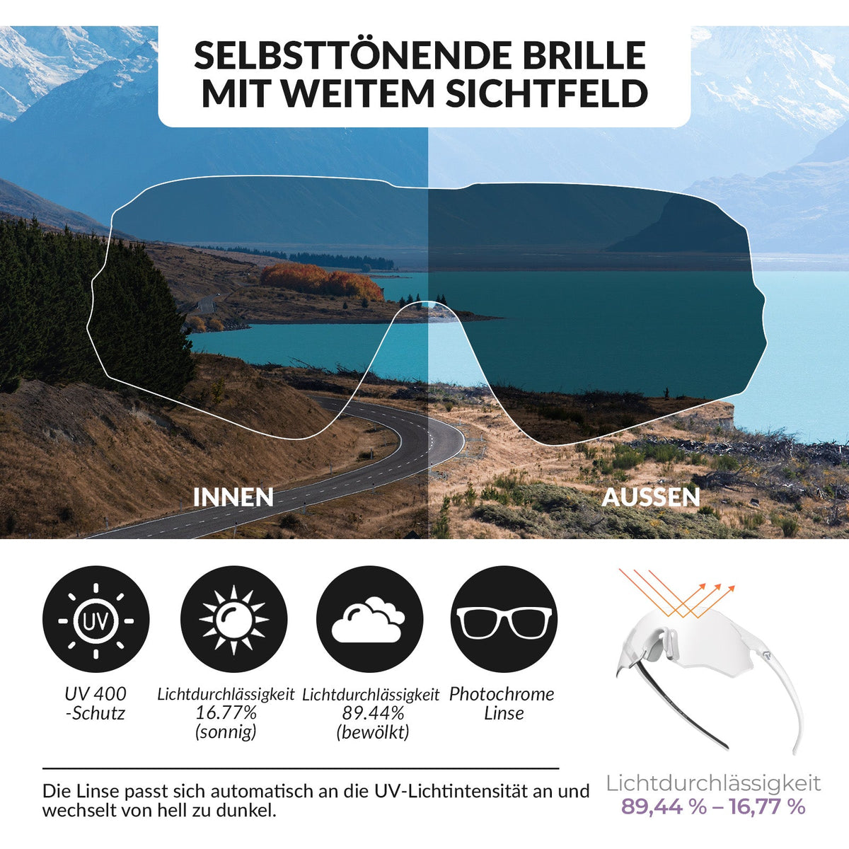 ROCKBROS Fietsbril Zelftönend UV400-bescherming Zonder Montuur -SWIFT