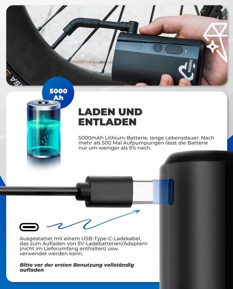 ROCKBROS Fietspomp Draagbare pomp Elektrische luchtpomp 5000mAh 150PSI 380g