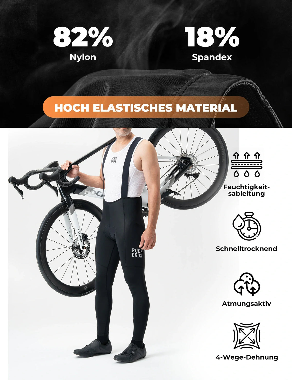 ROCKBROS Heren Fietsbroek met Bretellen - Zeer Rekbaar, Ademend met Reflecterende Strepen