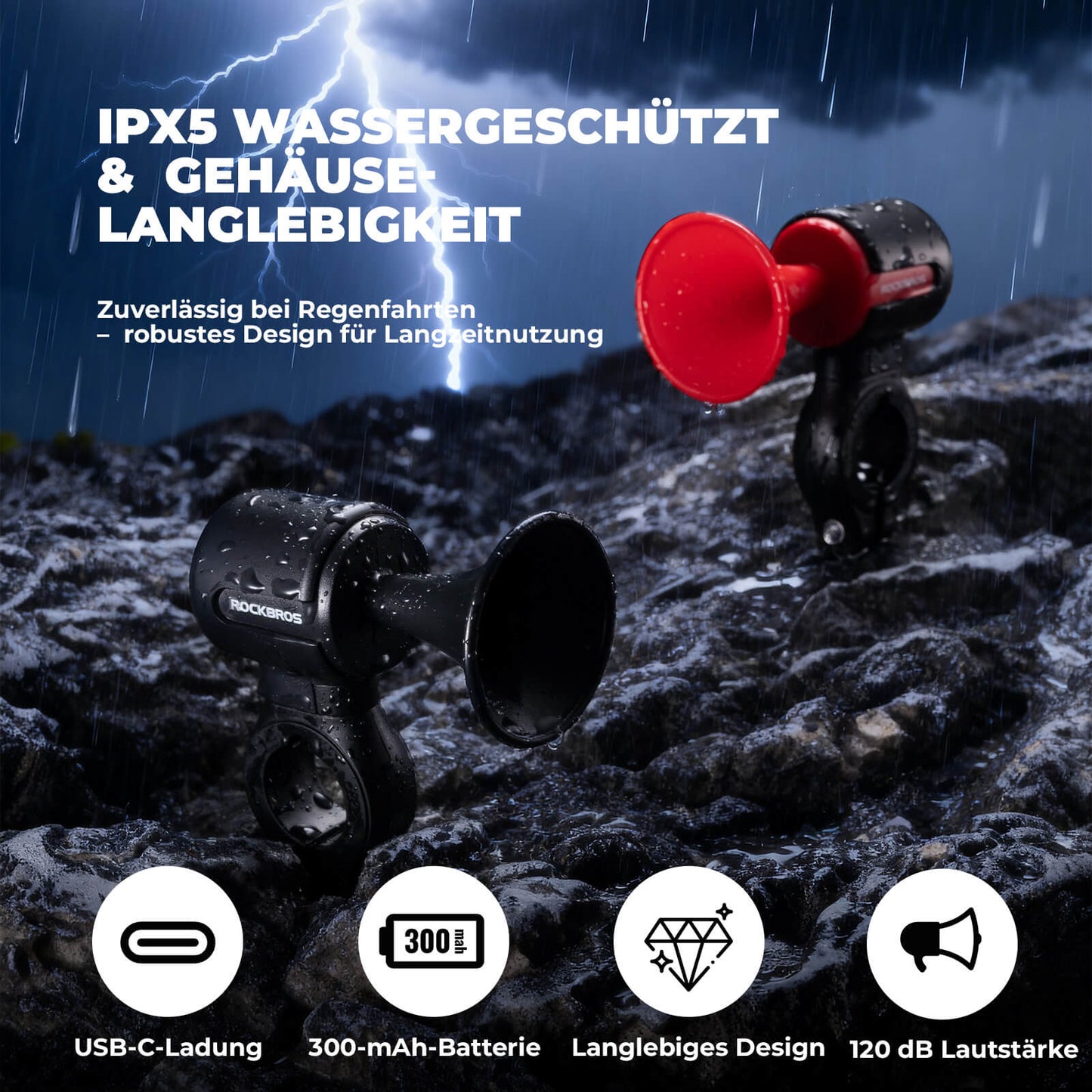 Elektrische fietsbel, 120 dB toon, IPX5 waterbestendig, smartphone-tracking, ROCKBROS