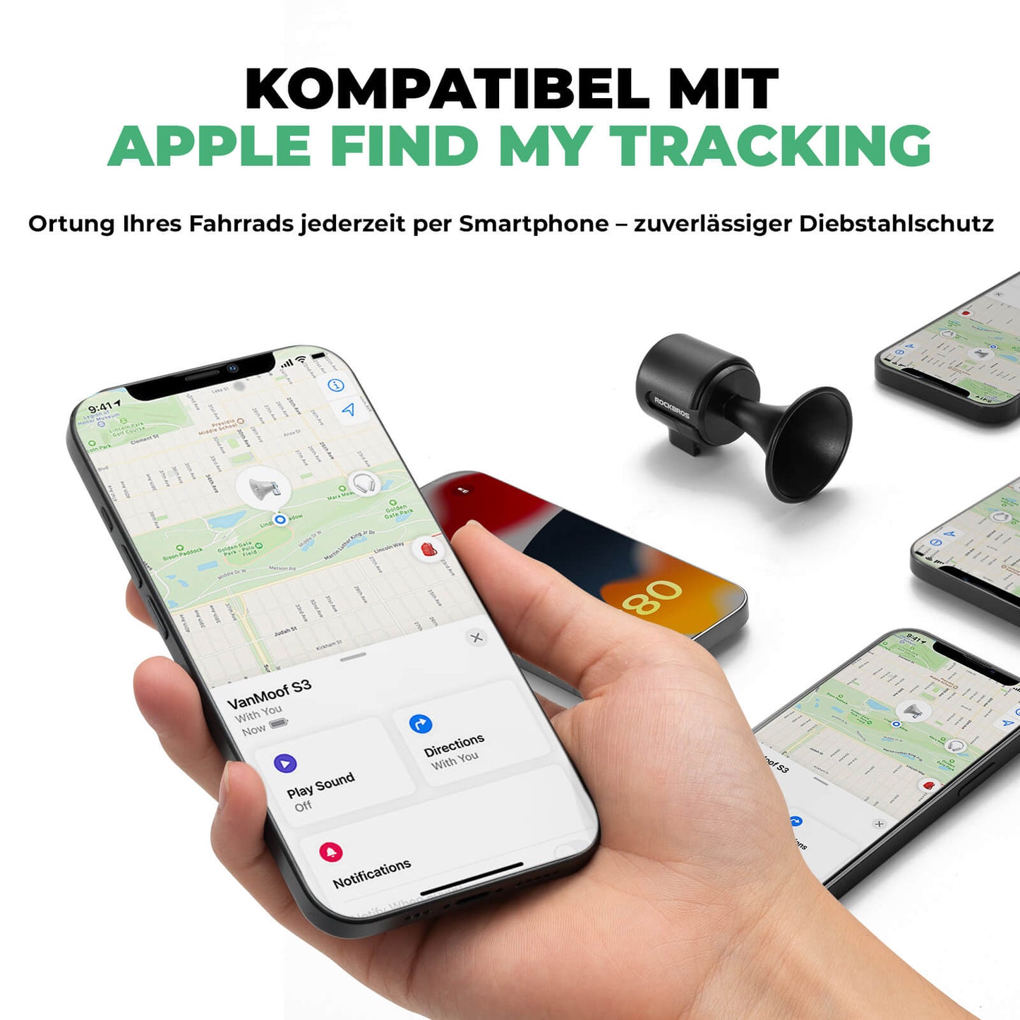 Elektrische fietsbel, 120 dB toon, IPX5 waterbestendig, smartphone-tracking, ROCKBROS