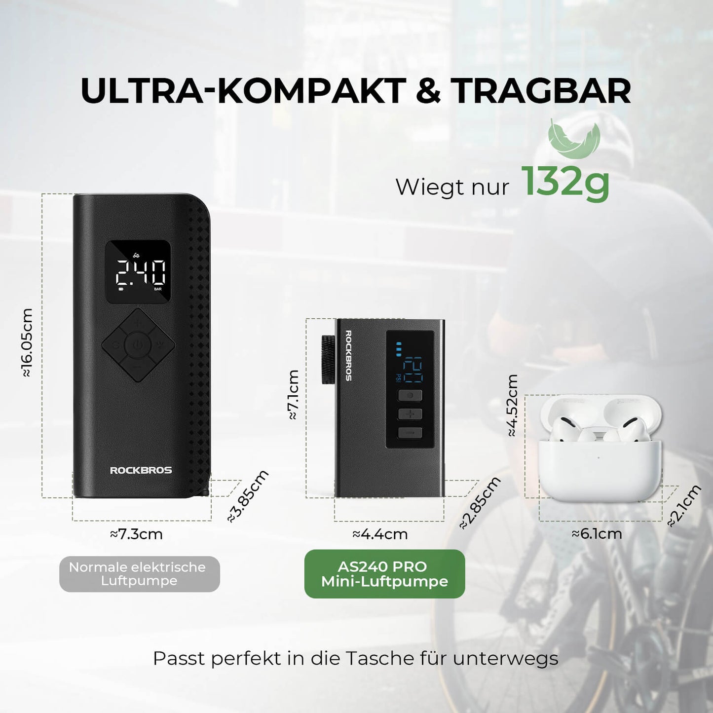 Mini elektrische fietspomp draagbaar AS240 Pro ROCKBROS