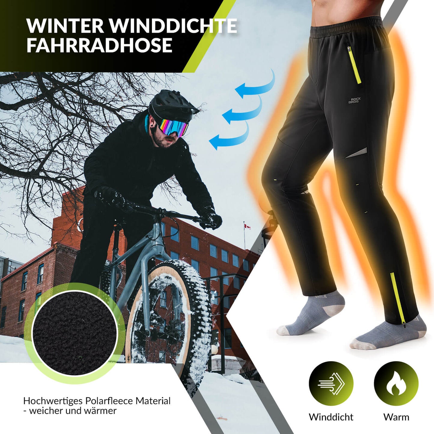 Herenfietsbroek, winddicht en warm voor winterse buitensporten, ROCKBROS