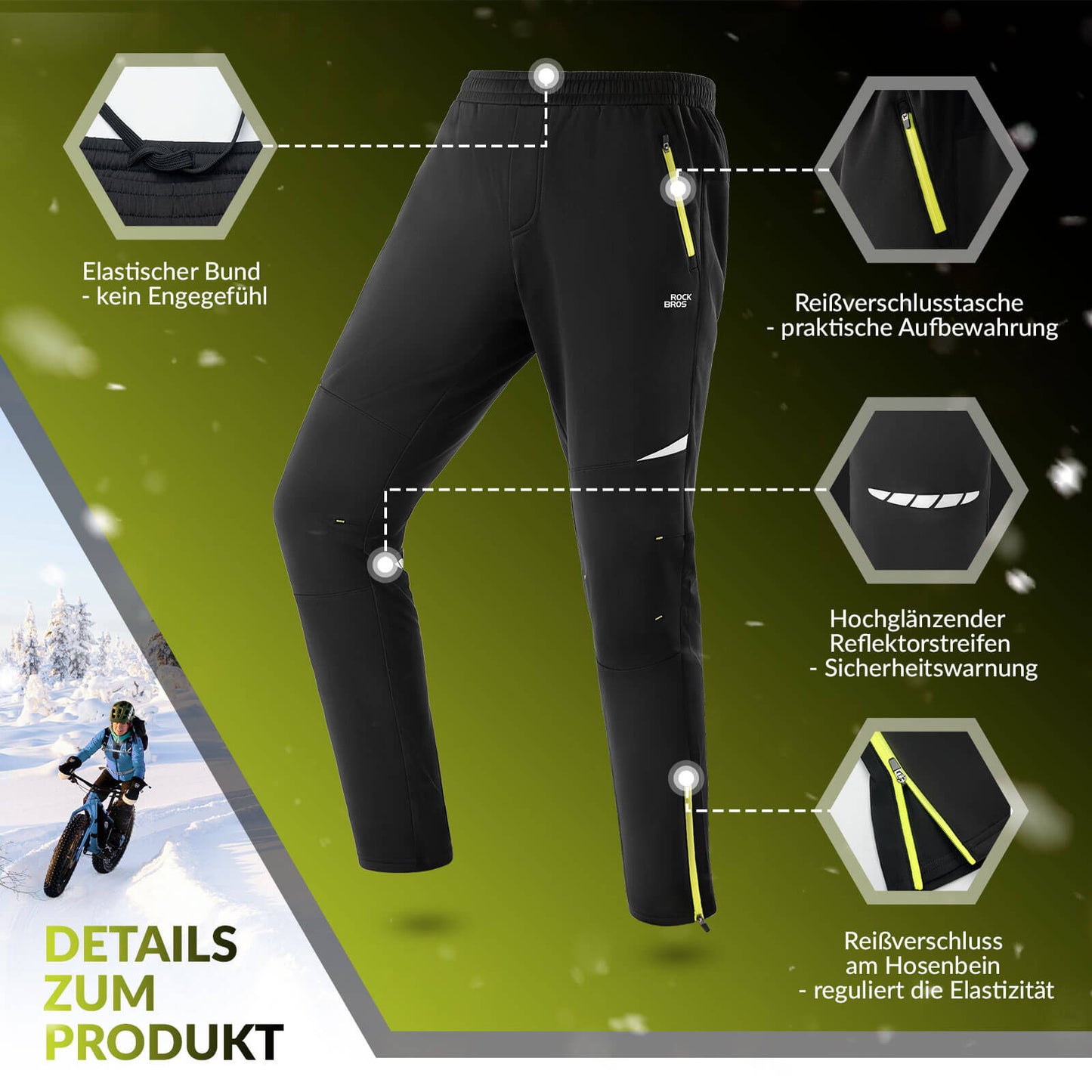 Herenfietsbroek, winddicht en warm voor winterse buitensporten, ROCKBROS