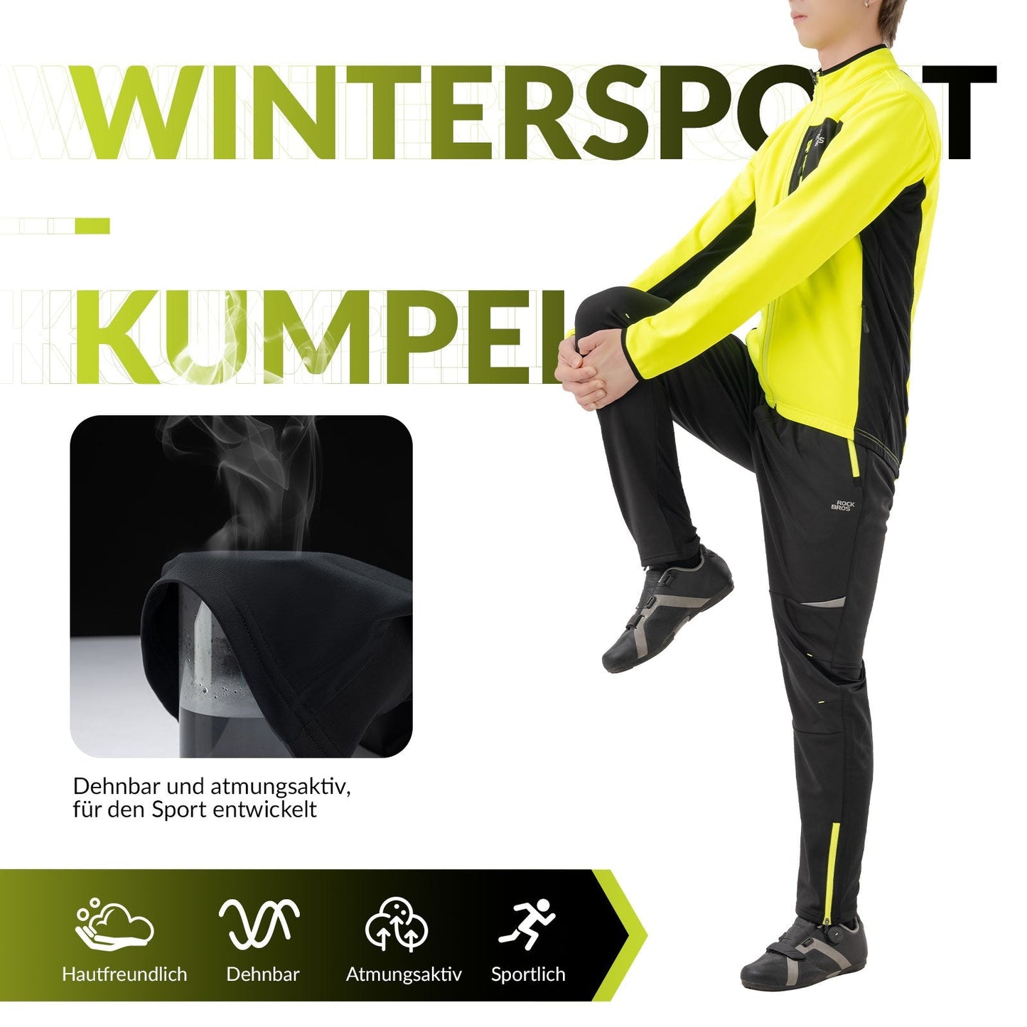 Fietsjas en -broek voor heren, wintergeel, winddicht en warm voor buitensporten, ROCKBROS