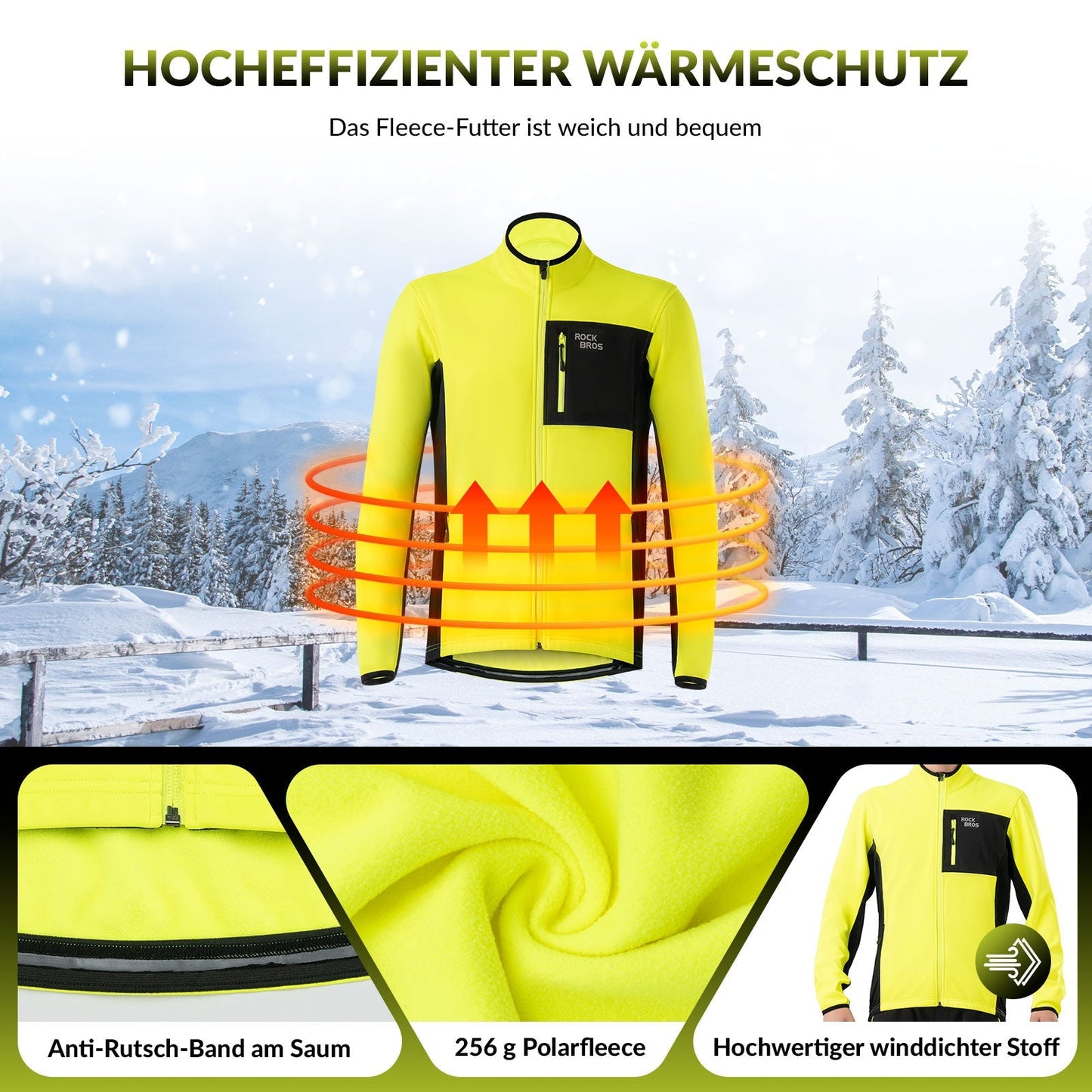 Fietsjas en -broek voor heren, wintergeel, winddicht en warm voor buitensporten, ROCKBROS