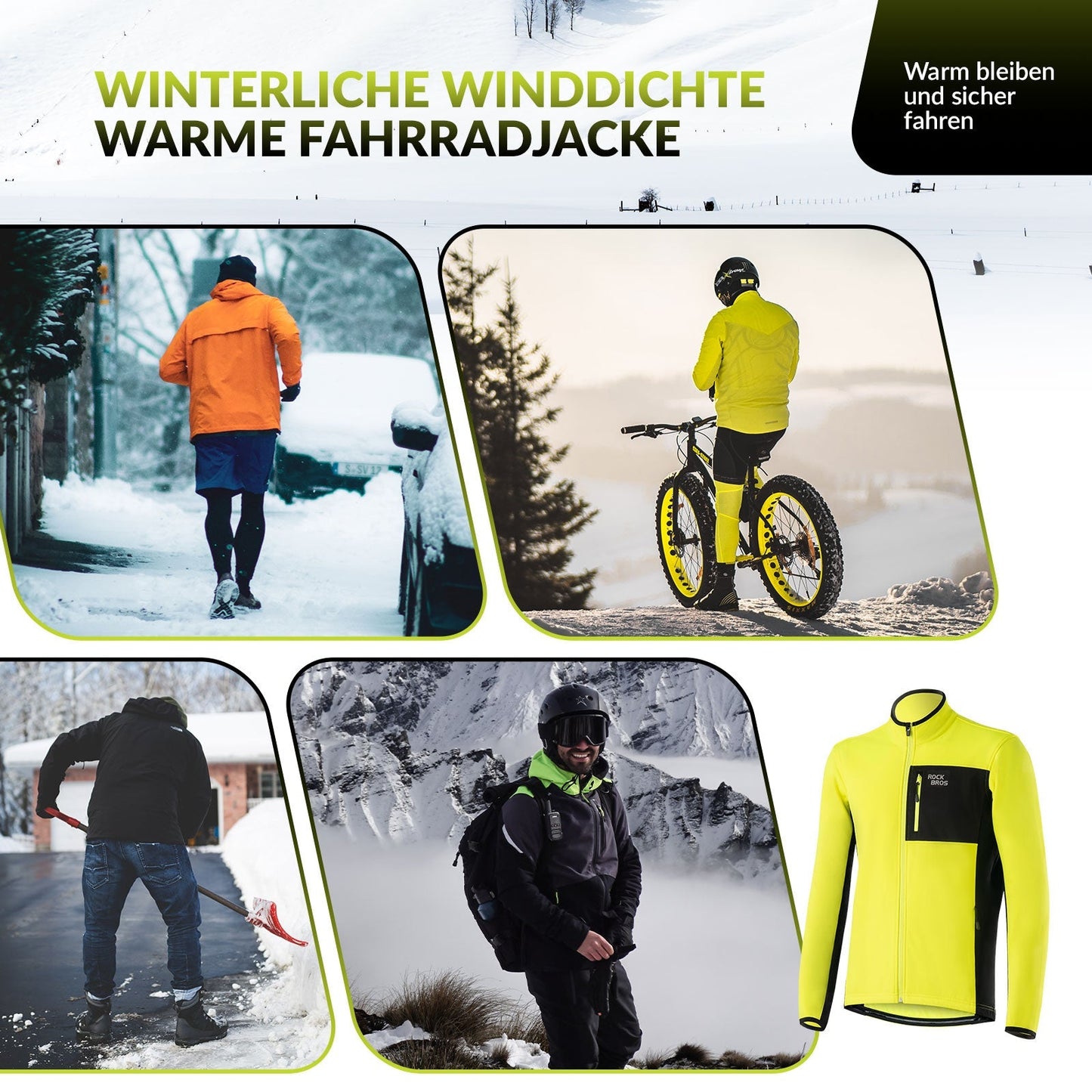 Fietsjas en -broek voor heren, wintergeel, winddicht en warm voor buitensporten, ROCKBROS