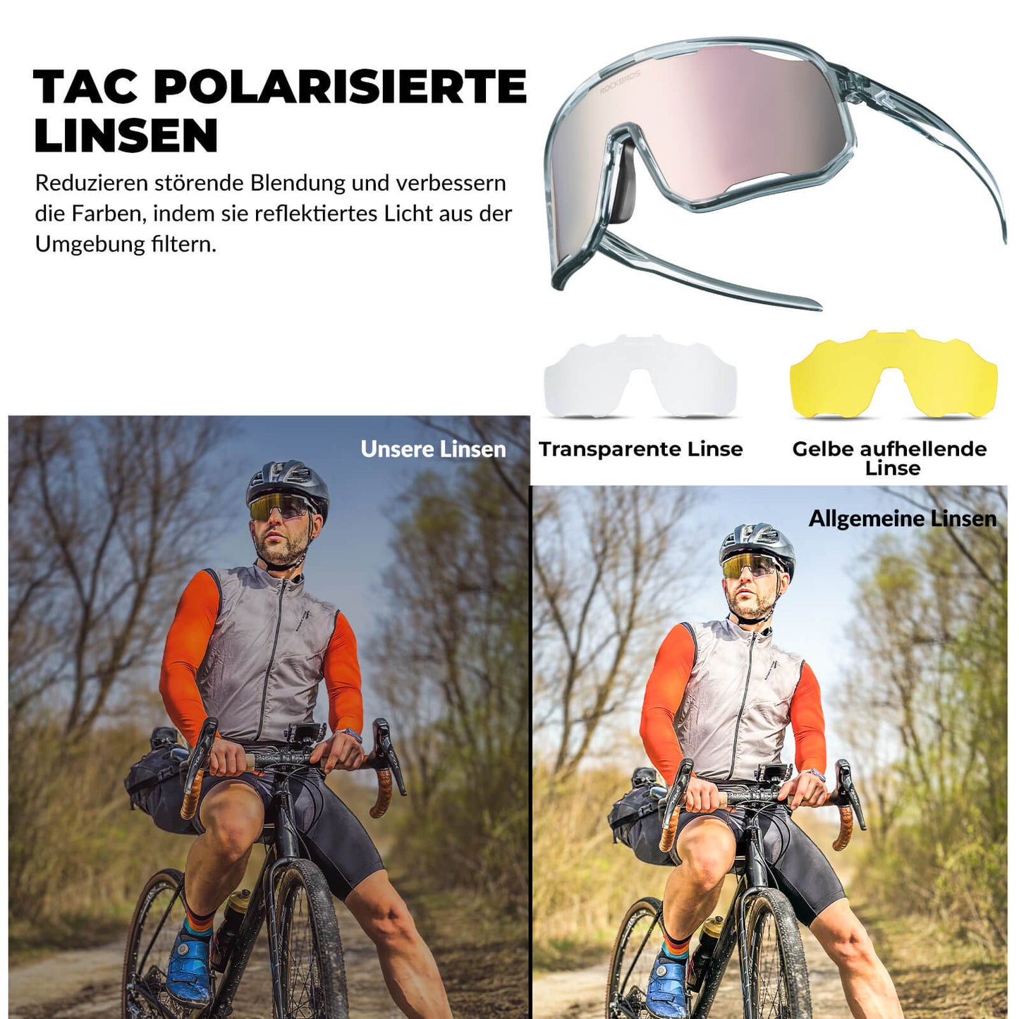 Fietsbril, gepolariseerde zonnebril, UV-bescherming, verwisselbare neuspads, dames/heren, ROCKBROS