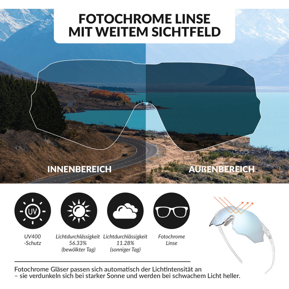ROCKBROS Fietsbril Zelftönend UV400-bescherming Zonder Montuur -SWIFT