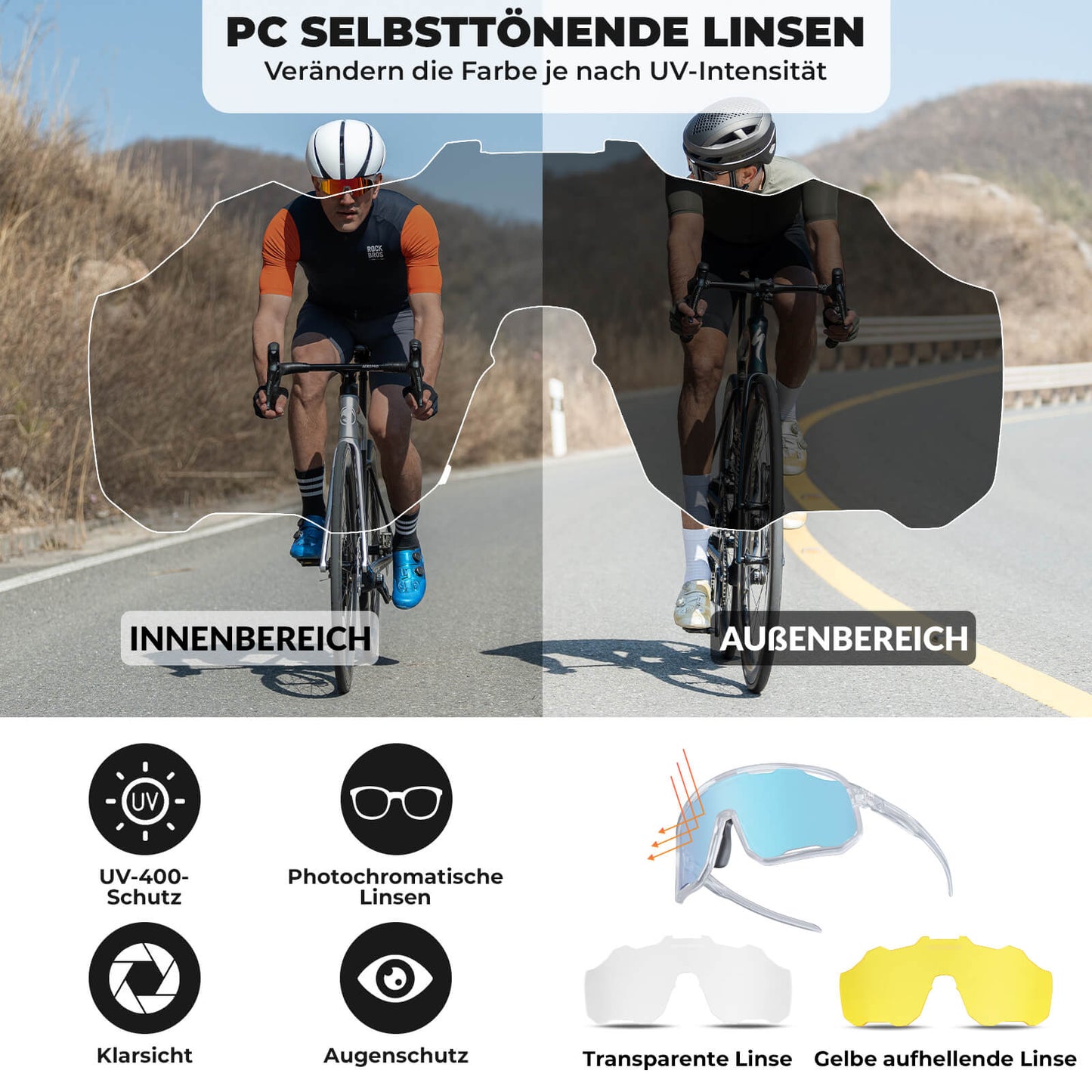 Fietsbril, meekleurende zonnebril, UV-bescherming, verwisselbare neuspads, dames/heren, ROCKBROS