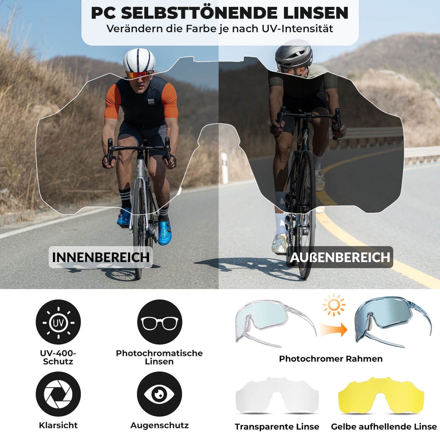 Fietsbril, meekleurende zonnebril, UV-bescherming, verwisselbare neuspads, dames/heren, ROCKBROS