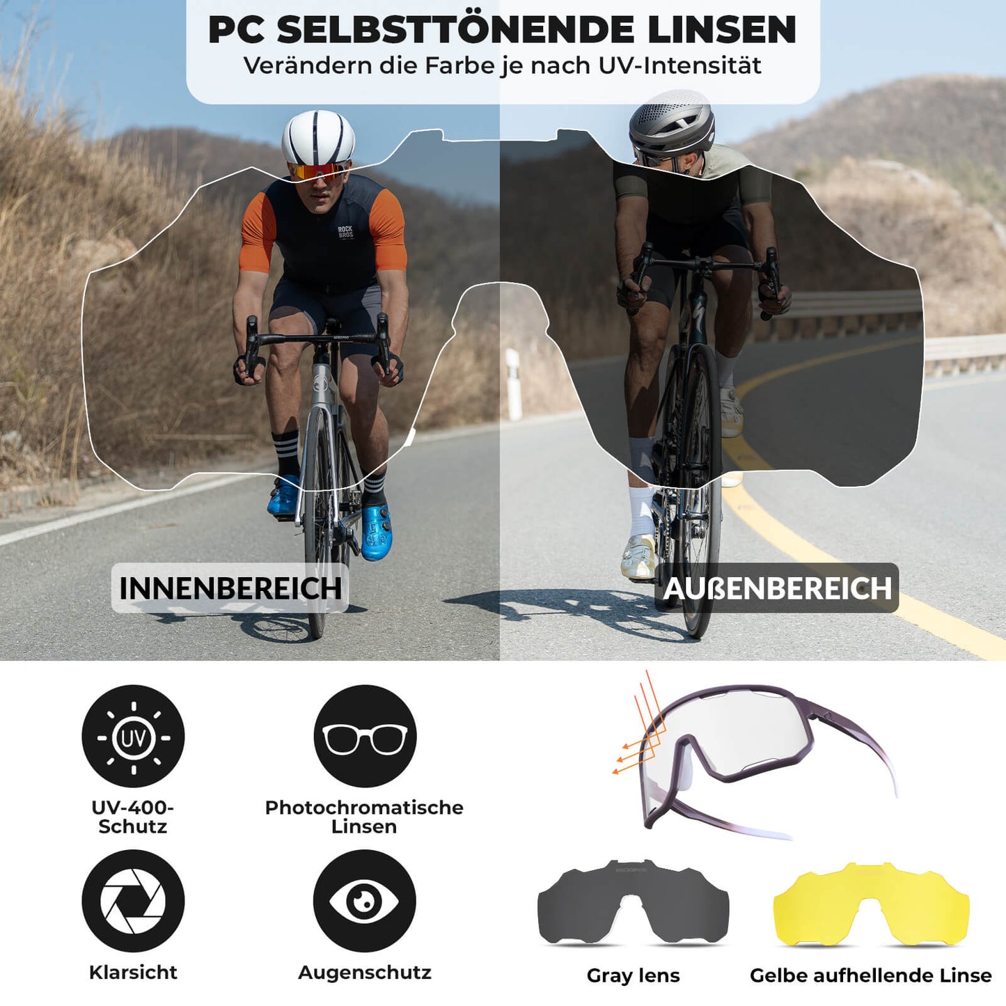 Fietsbril, meekleurende zonnebril, UV-bescherming, verwisselbare neuspads, dames/heren, ROCKBROS