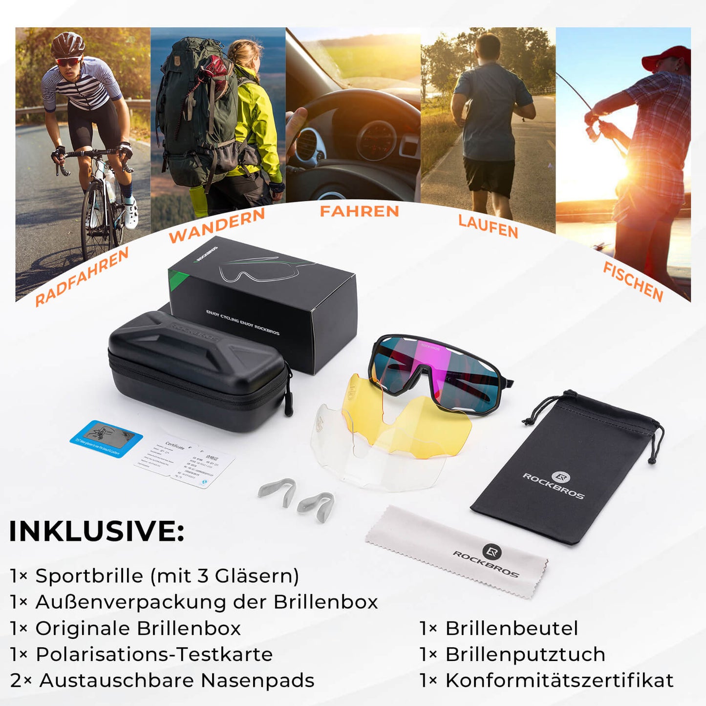 Fietsbril, gepolariseerde zonnebril, UV-bescherming, verwisselbare neuspads, dames/heren, ROCKBROS