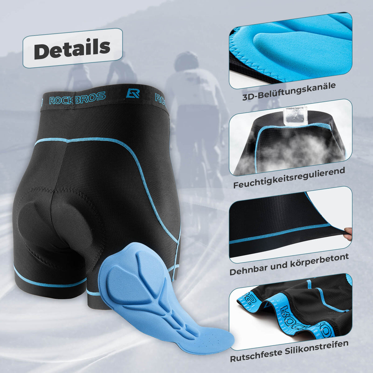 ROCKBROS Heren Fietsonderbroek met 4D Zitkussen Fietsbroek Ademend