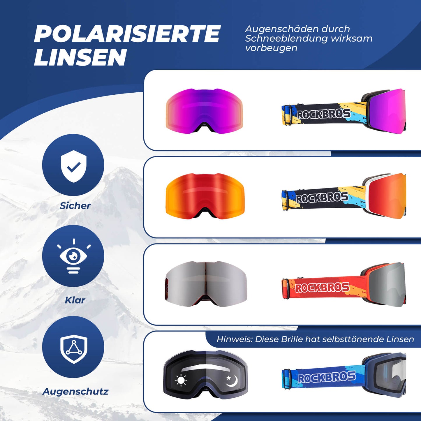 Skibril, sneeuwbril, gepolariseerde, helmcompatibele sportbril, ski?n, ROCKBROS