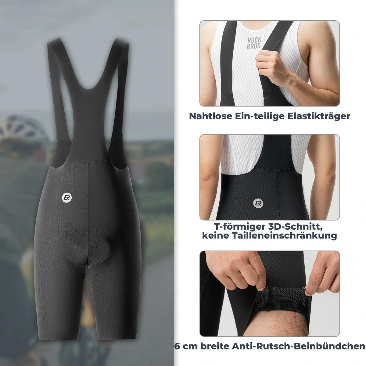 ROCKBROS Fietsbroek Heren Kort Gevoerd met Bretels, Korte Fietsbroek Met Reflectoren Zomer
