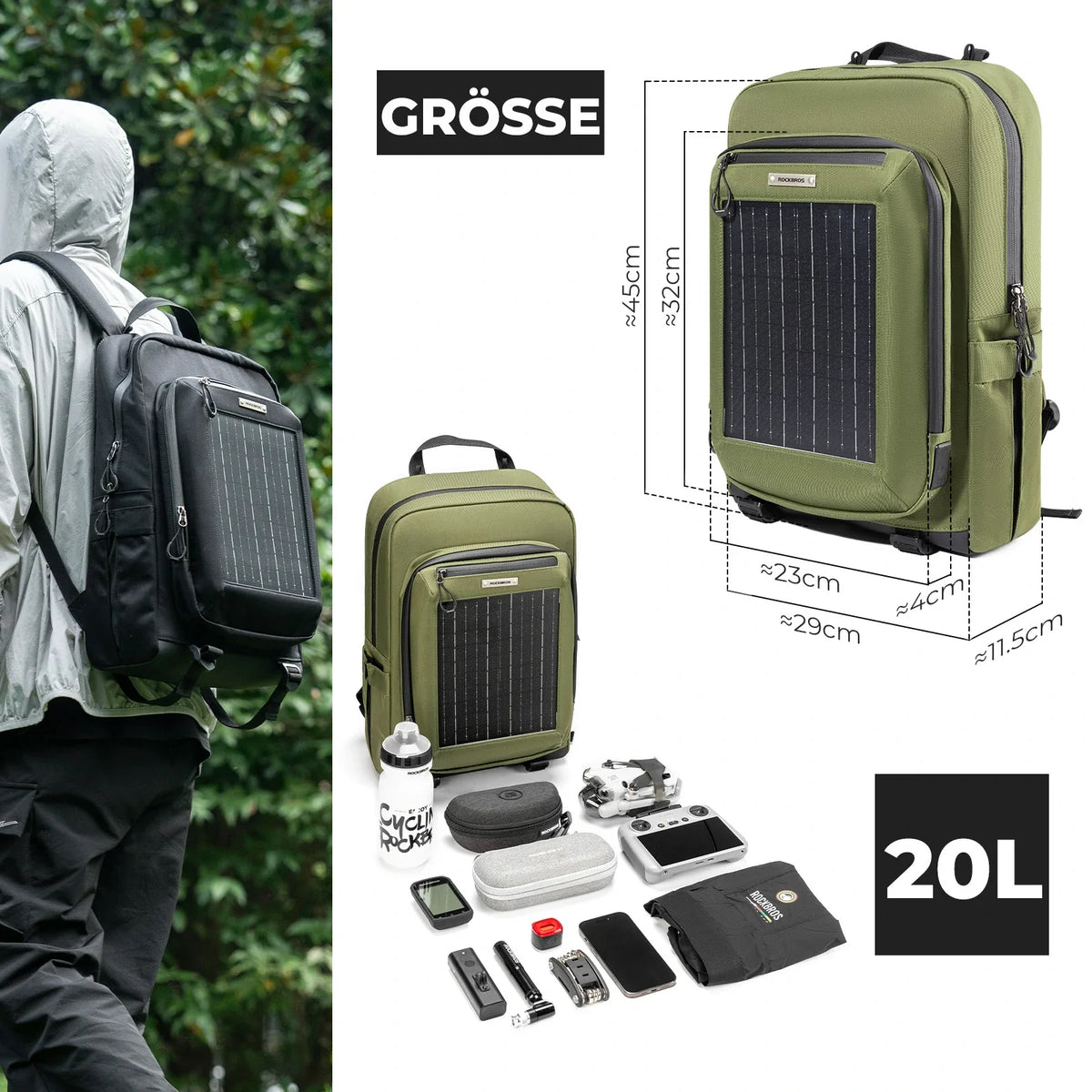 ROCKBROS Zonnestralenrugzak Solar Rugzak 20L met Flexibel Afneembaar 10V 14W