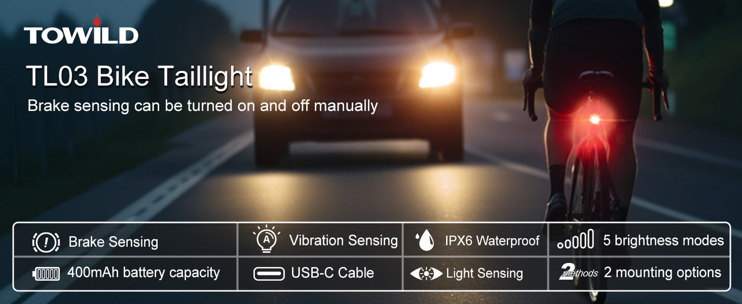 TOWILD TL03 Fietsachterlicht Rem Auto Sensing Fietsachterlicht USB Oplaadbaar achterlicht IPX7 Waterdicht 3 veiligheidsmodi Ultra helder voor nachtelijk rijden