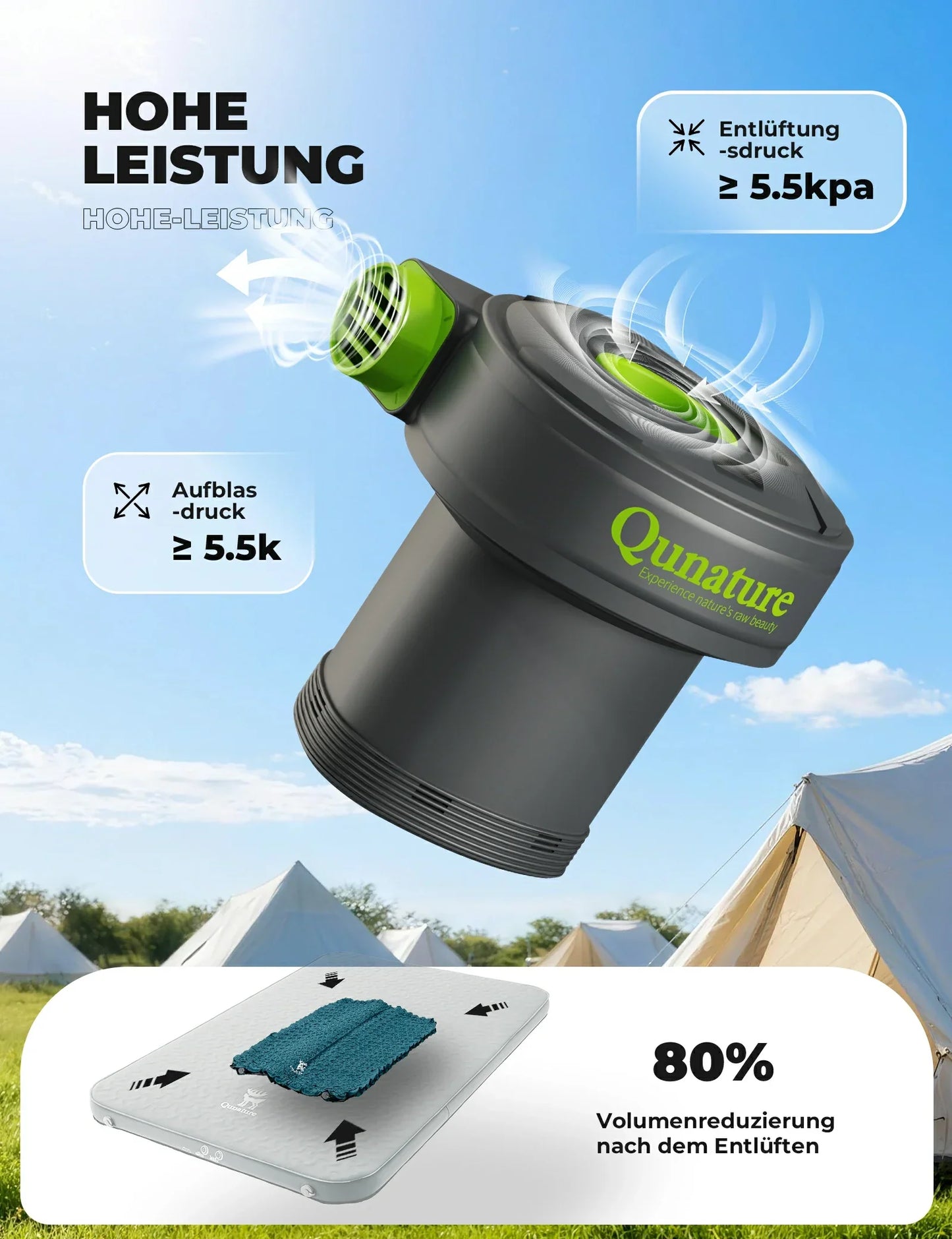 Elektrische luchtpomp 2-in-1, oppompen en leeglaten, 2000 mAh oplaadbare Quantum-batterij