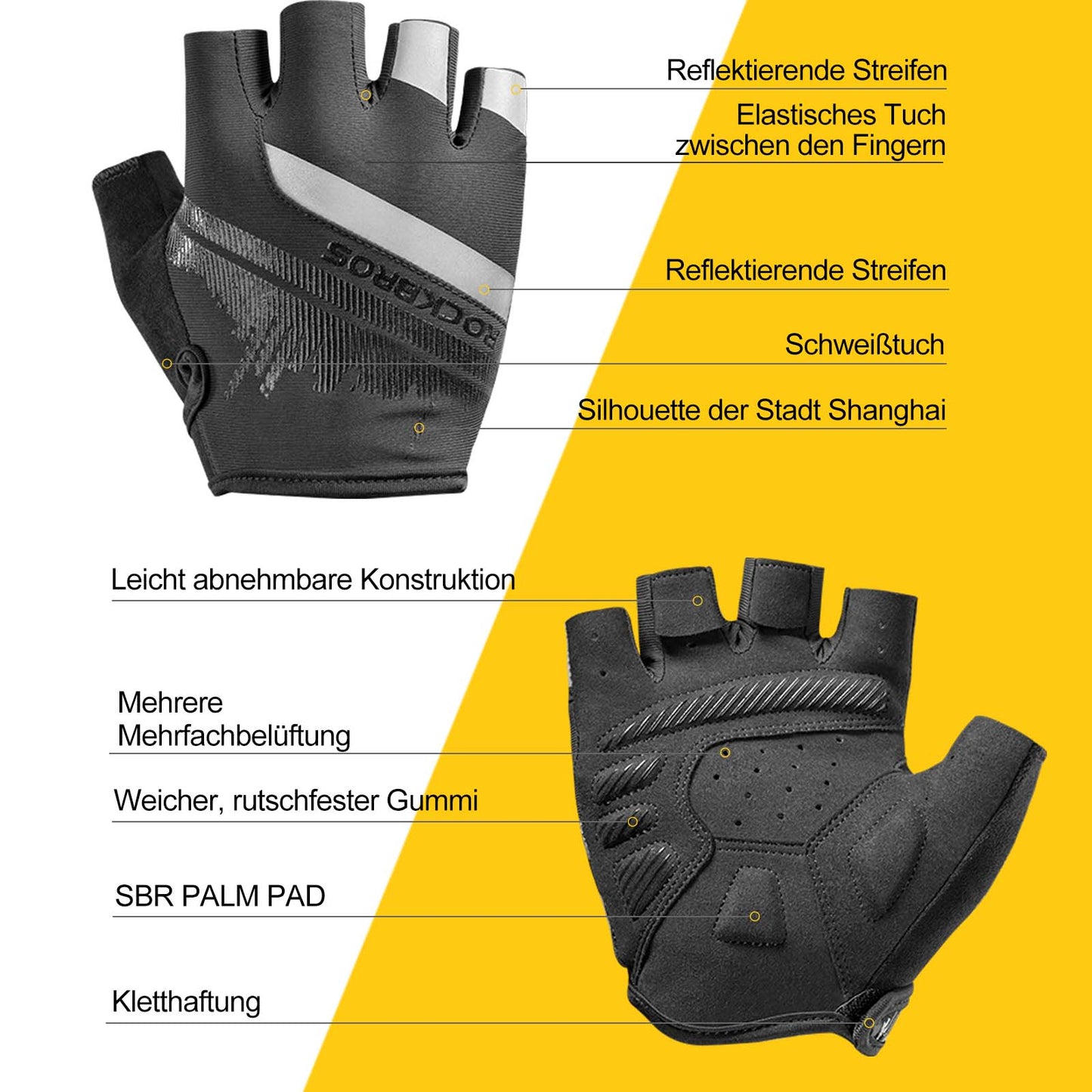 Antislip motorhandschoenen met reflecterende halve vingers, maten S-XXL, ROCKBROS